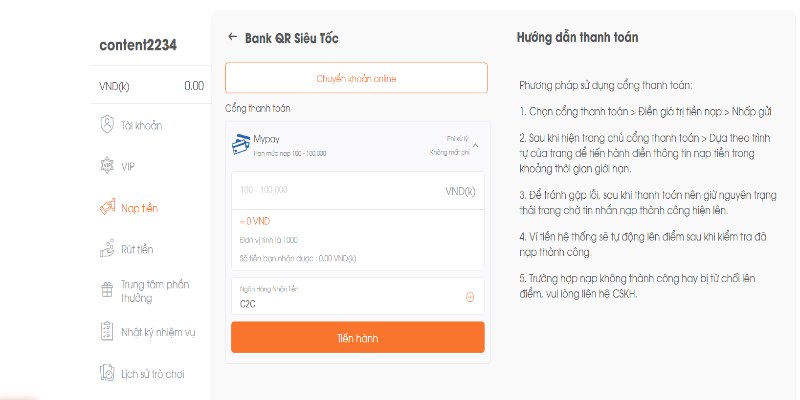 Hướng dẫn nạp tiền qua tài khoản ngân hàng 